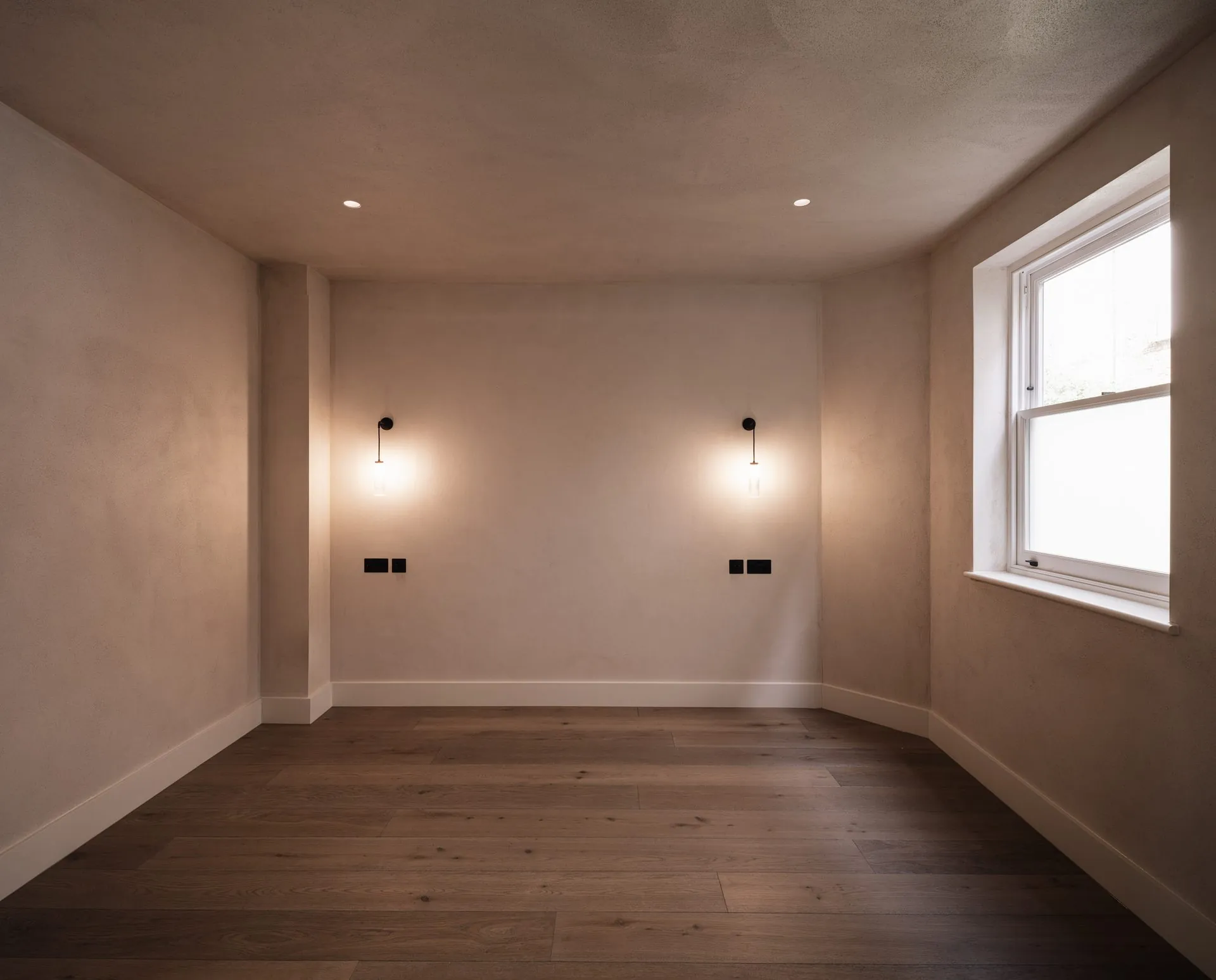 Pale plaster and warm timber palette at Russell Gardens Mews